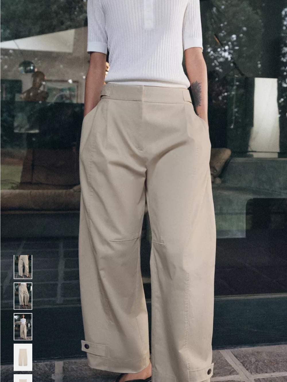 Zara Wide-Leg Pants in Light Beige with Button Tab Hem